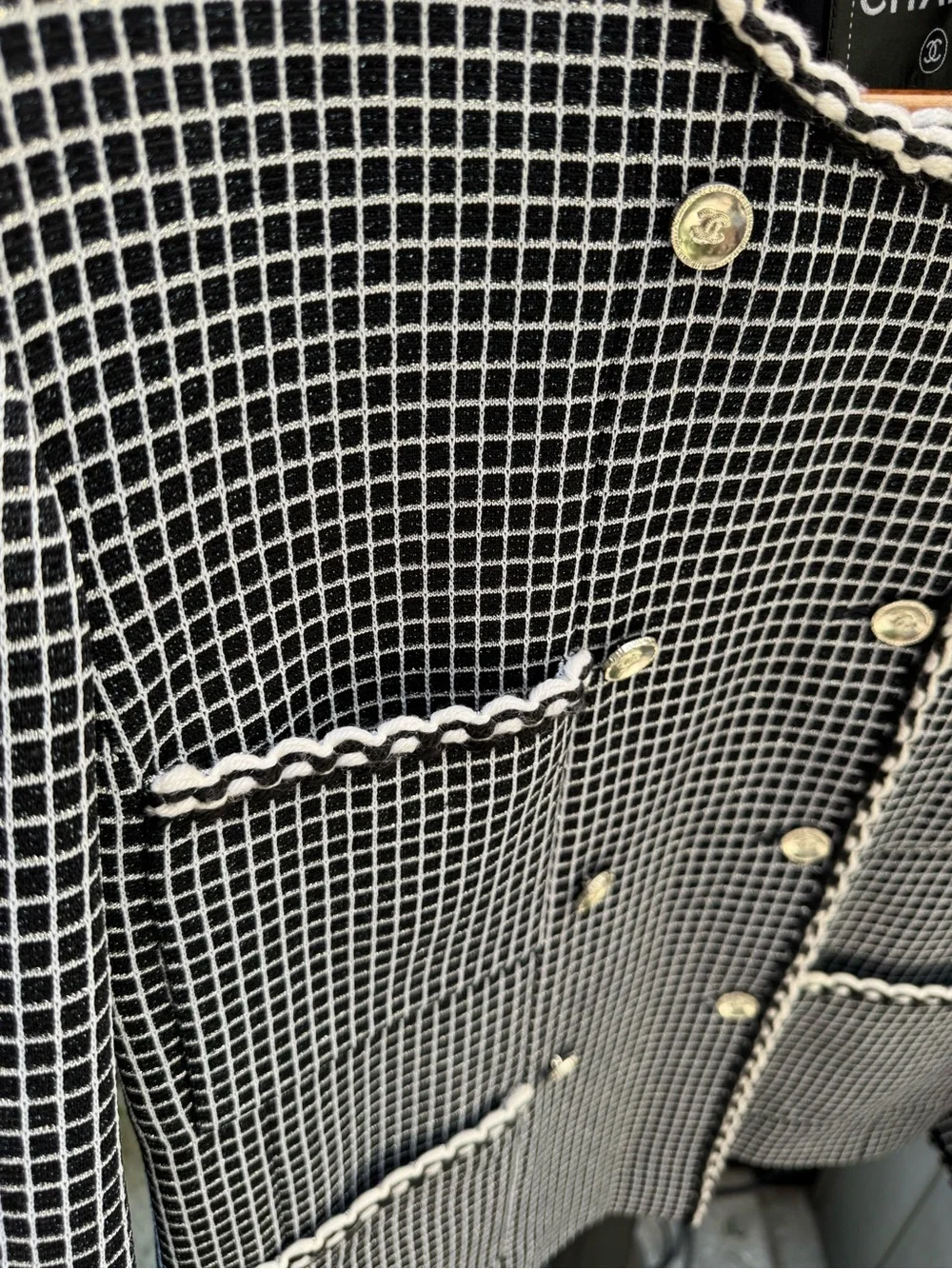 CHANEL Black & White Tweed Bouclé Jacket with Gold Buttons